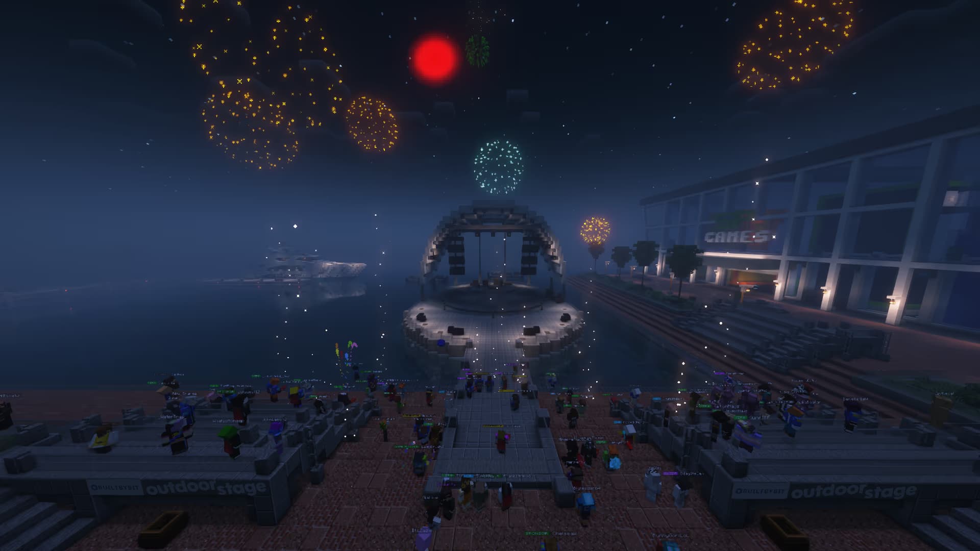 Fireworks erupt around the BuiltByBit Outdoor Stage.